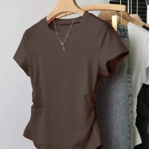 Minimalist Solid Color Short Sleeve Brown Top