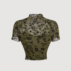 Floral Print Mock Neck Lettuce Trim Mesh