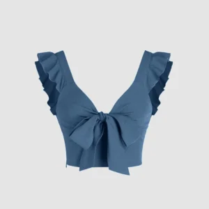 V-Neck Ruffle Knotted Blue Crop Top